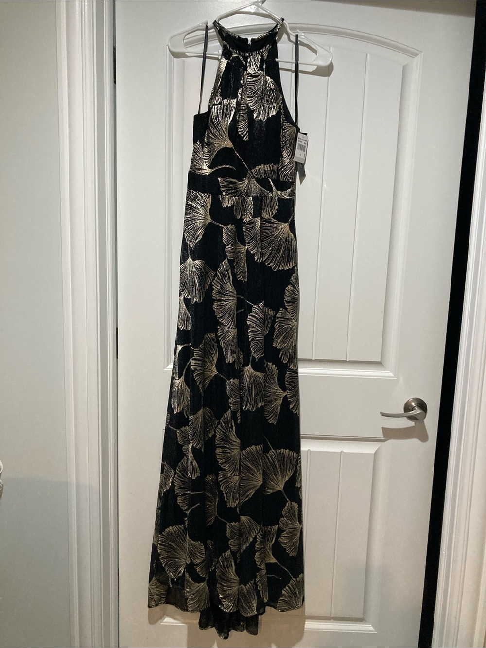Betsy & Adam Black Maxi Dress with Gold Botanical Print NWT $268 SZ 4